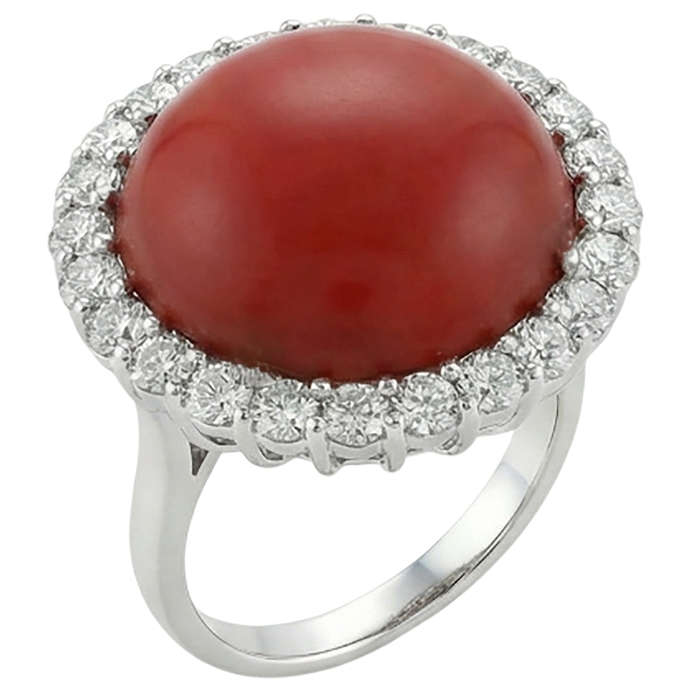 White Gold 14K 15 Carats Red Coral And Natural Earth Mined Diamonds Engagement Ring