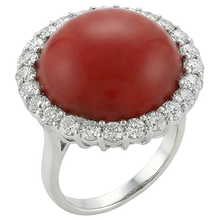 White Gold 14K 15 Carats Red Coral And Natural Earth Mined Diamonds Engagement Ring