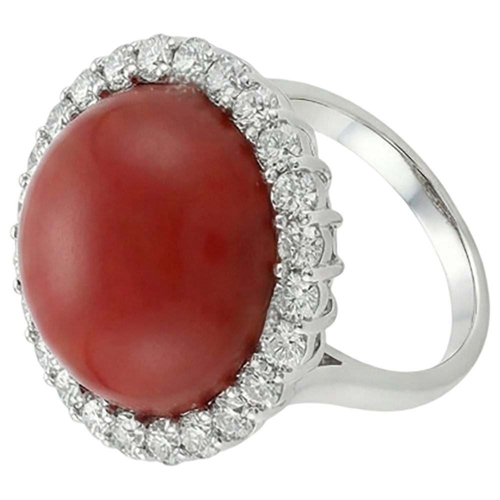 White Gold 14K 15 Carats Red Coral And Natural Earth Mined Diamonds Engagement Ring