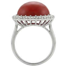 White Gold 14K 15 Carats Red Coral And Natural Earth Mined Diamonds Engagement Ring