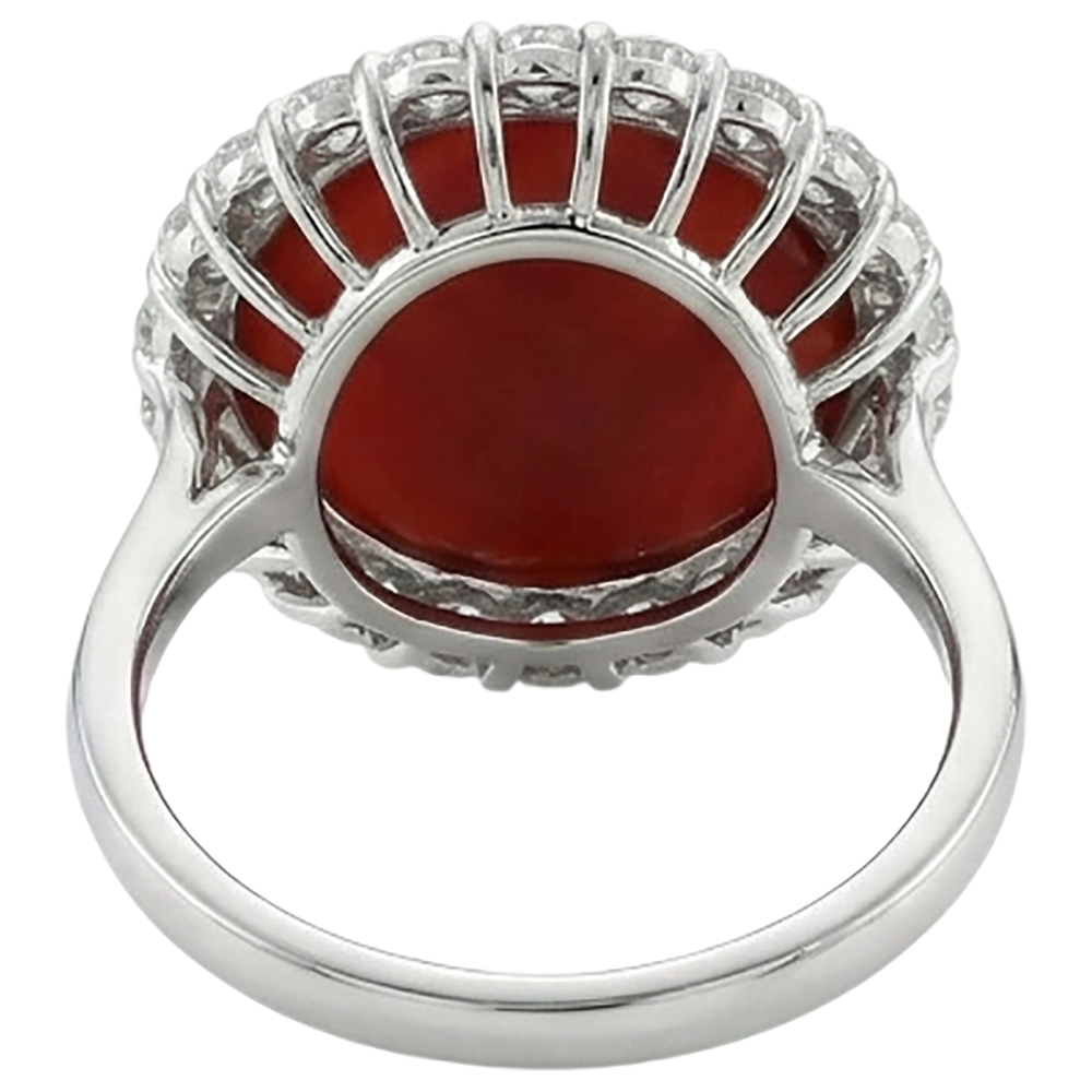 White Gold 14K 15 Carats Red Coral And Natural Earth Mined Diamonds Engagement Ring