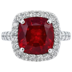 White Gold 14K 4 Carats Cushion Ruby And Round Cut Natural Earth Mined Diamonds Ring