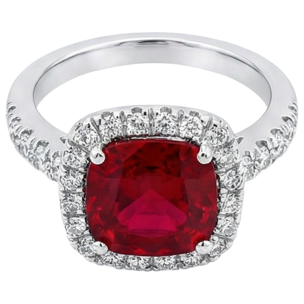 White Gold 14K 4 Carats Cushion Ruby And Round Cut Natural Earth Mined Diamonds Ring