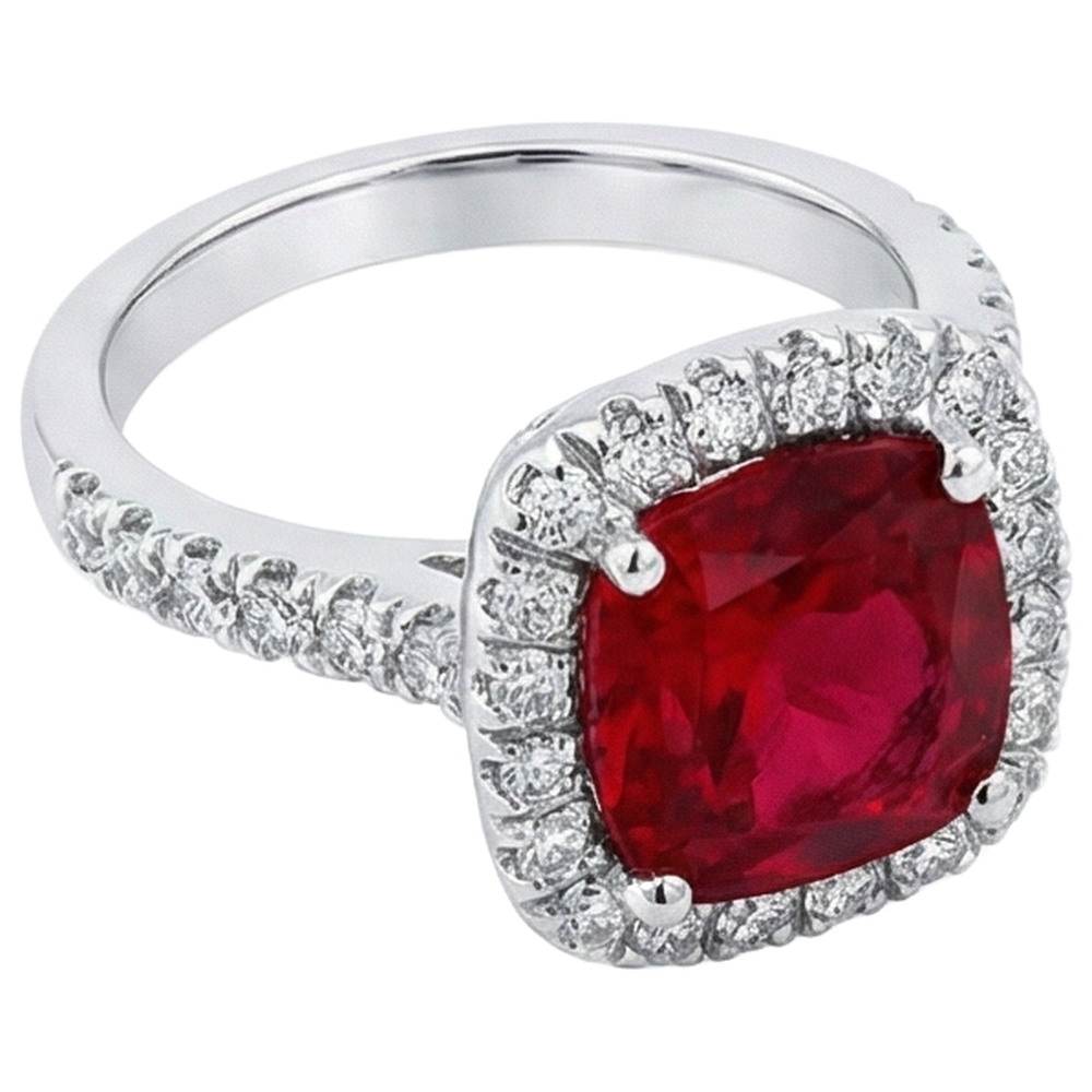 White Gold 14K 4 Carats Cushion Ruby And Round Cut Natural Earth Mined Diamonds Ring