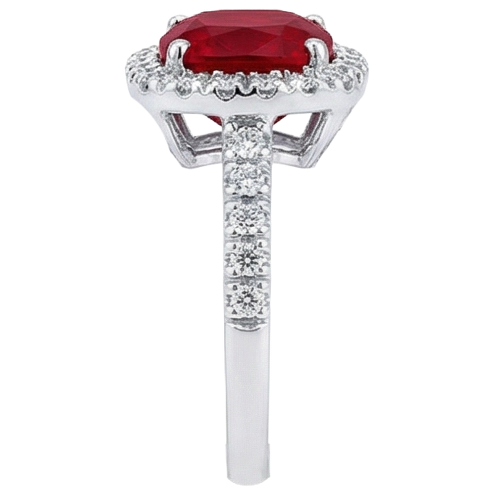 White Gold 14K 4 Carats Cushion Ruby And Round Cut Natural Earth Mined Diamonds Ring