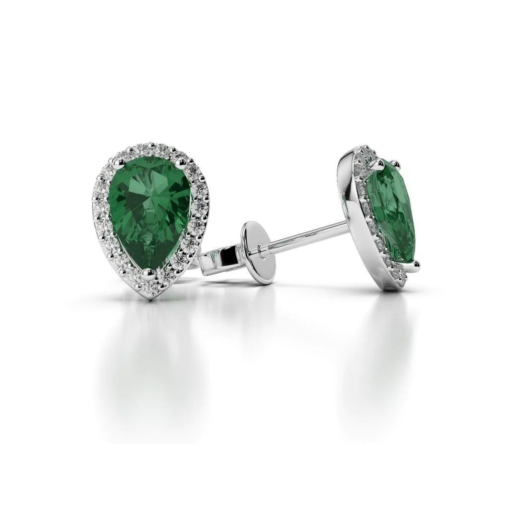 White Gold 14K 4 Carats Pear Green Emerald With Round Diamond Stud Earrings