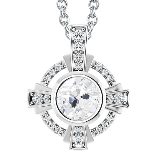 White Gold 14K Bezel Diamond Real Pendant Slide Round Cut Old Cut 4 Carats