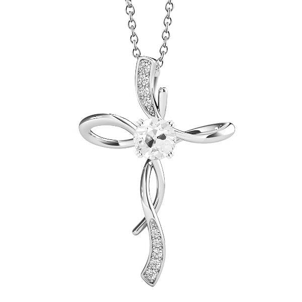 White Gold 14K Cross Pendant Old Mine Cut Diamond 2 Carats