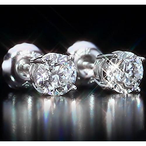 White Gold 14K Genuine Stud Earrings 2 Carats Round Cut Diamonds