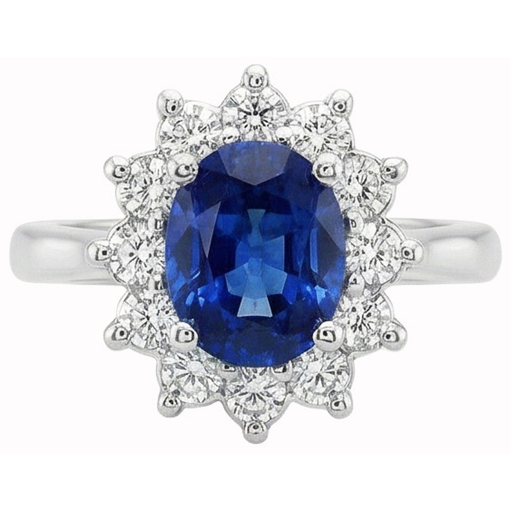 White Gold 14K Halo Natural Earth Mined DIAMOND ( NOT LAB GROWN ) And Ceylon Sapphire Ring 3.20 Ct.