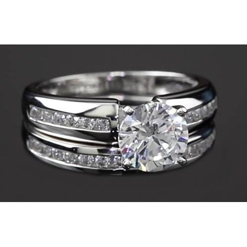 White Gold 14K Natural Engagement Ring Set Round Diamond 4 Prong 3 Carats