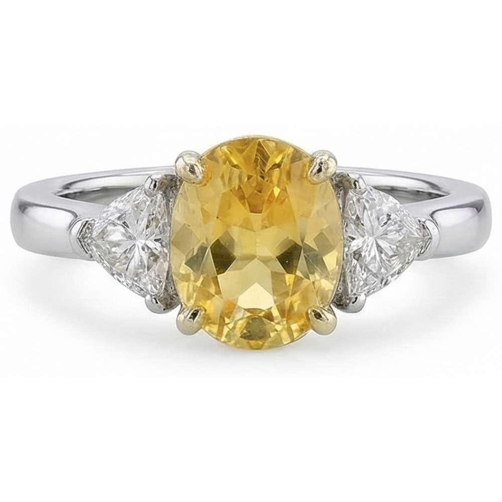 White Gold 14K Oval Yellow Sapphire And Trillion Natural Earth Mined Diamonds 4 Ct Ring
