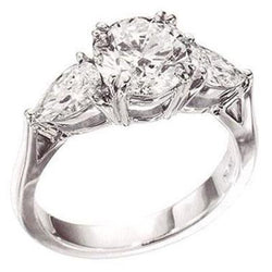 White Gold 14K Round And Pear 4.50 Carats Real Natural Earth Mined Diamond Three Stone Ring