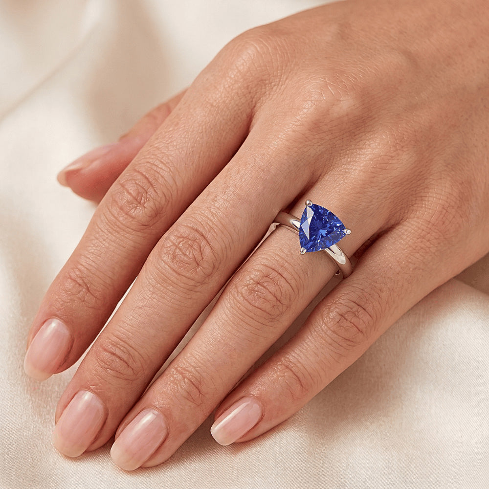 White Gold 14K Solitaire Ring Trillion Ceylon Sapphire 1.50 Carats