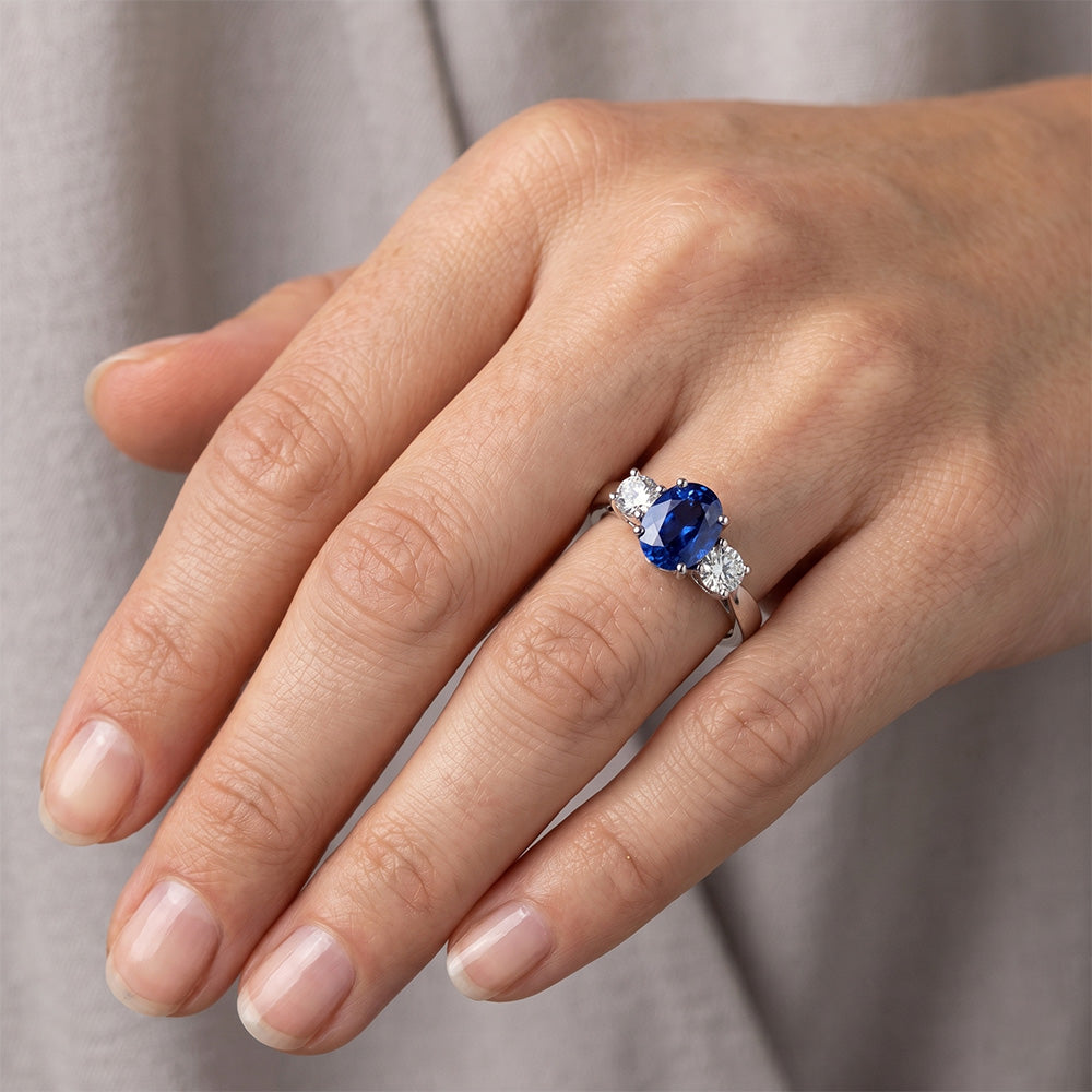 White Gold 14K Three Stone 3.50 Carats Sapphire And Natural Earth Mined DIAMOND ( NOT LAB GROWN )s Ring