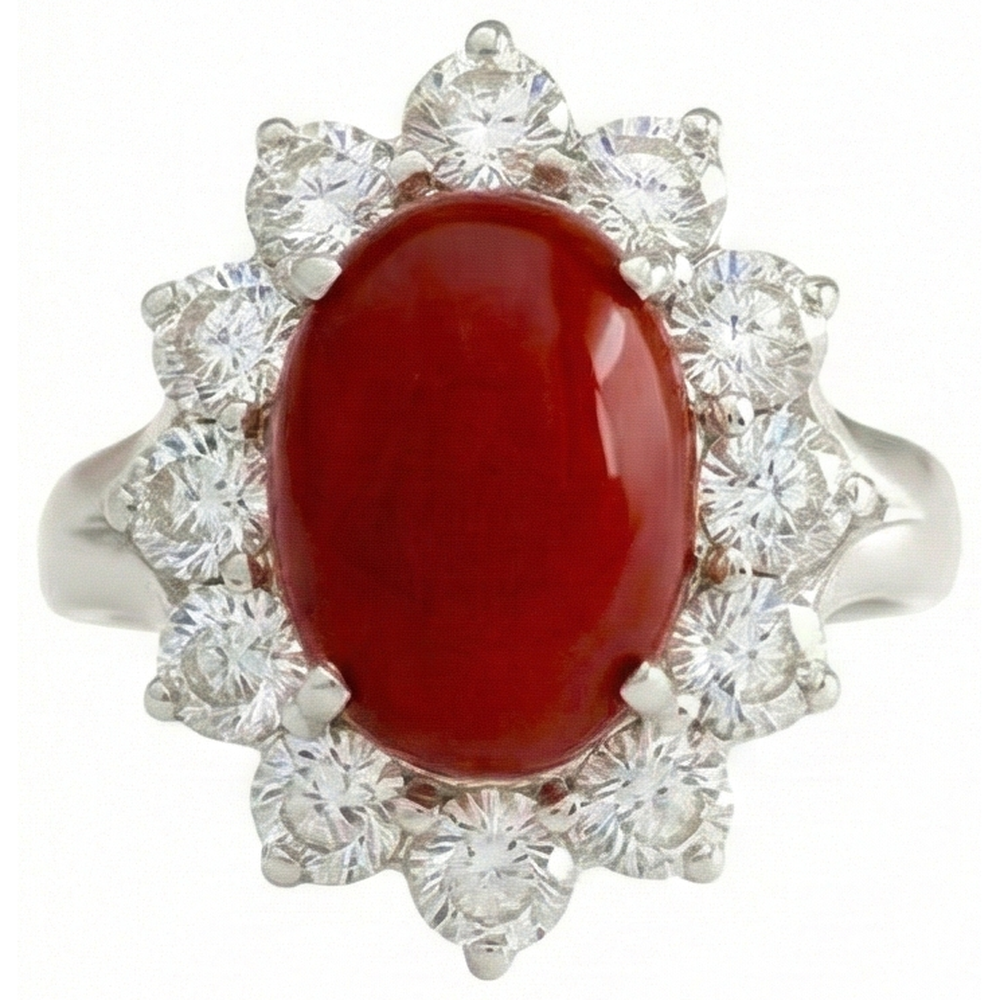 White Gold 16.50 Ct. Solitaire With Accent Red Coral & Natural Earth Mined Diamonds Ring