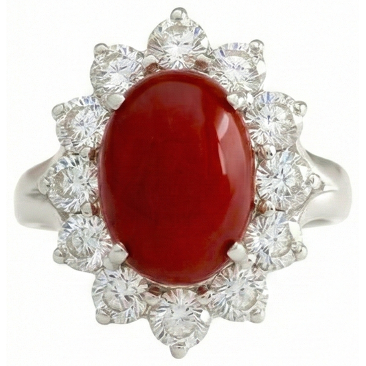 White Gold 16.50 Ct. Solitaire With Accent Red Coral & Natural Earth Mined Diamonds Ring