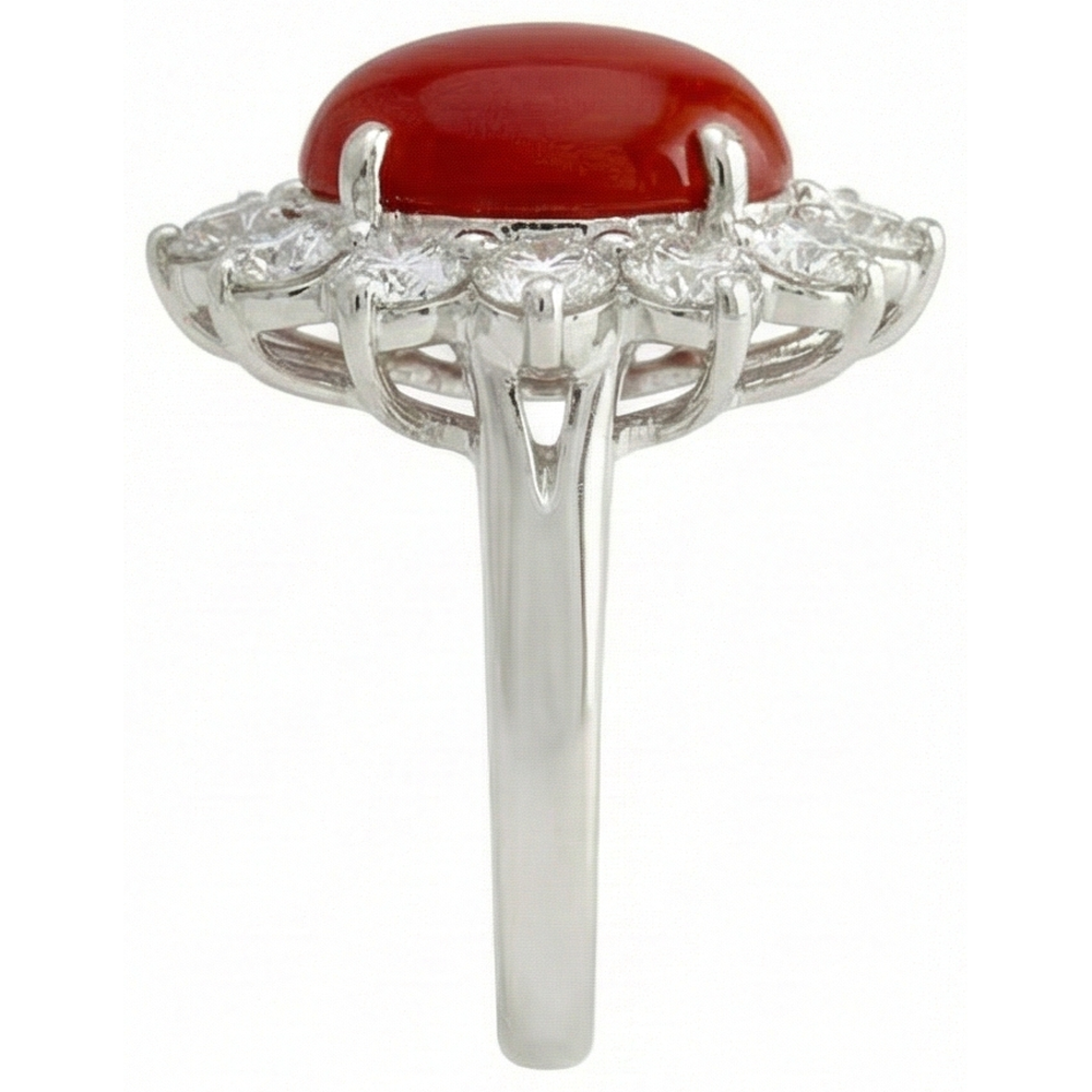 White Gold 16.50 Ct. Solitaire With Accent Red Coral & Natural Earth Mined Diamonds Ring