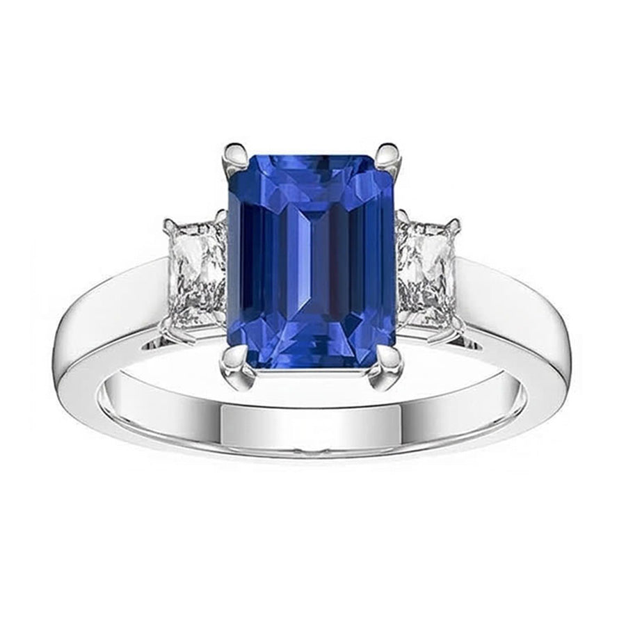 White Gold 3 Stone Emerald Sapphire Ring 2.75 Carats Radiant Natural Earth Mined Diamonds