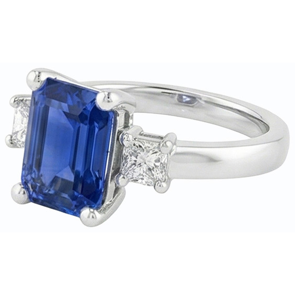 White Gold 3 Stone Ring Blue Sapphire & Princess Natural Earth Mined Diamonds 2.50 Carats