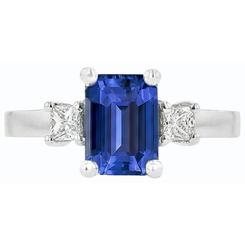 White Gold 3 Stone Ring Blue Sapphire & Princess Natural Earth Mined Diamonds 2.50 Carats