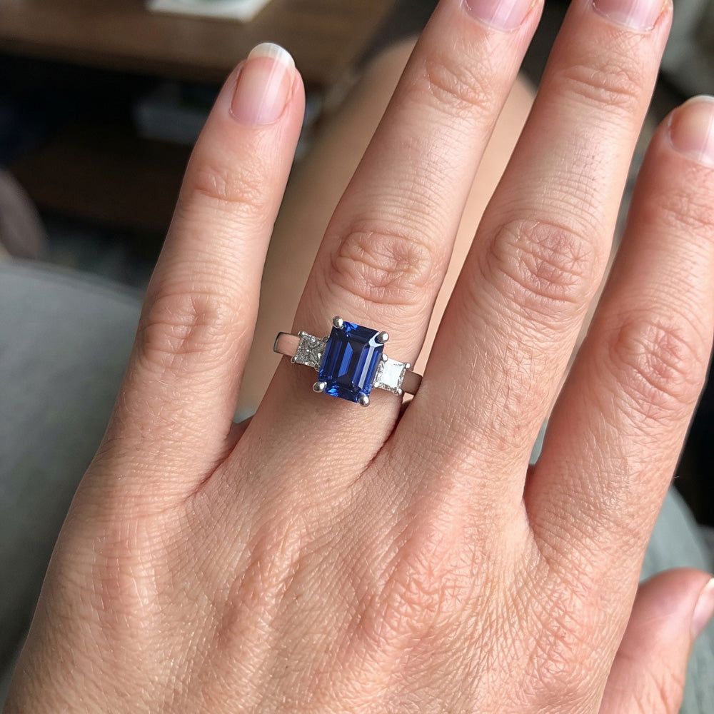 White Gold 3 Stone Ring Blue Sapphire & Princess Natural Earth Mined Diamonds 2.50 Carats