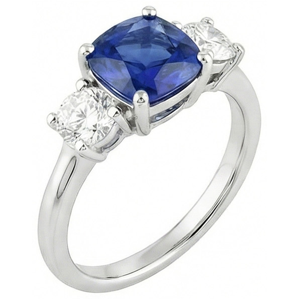 White Gold 3 Stone Ring Cushion Ceylon Sapphire 2.50 Carats Jewellery