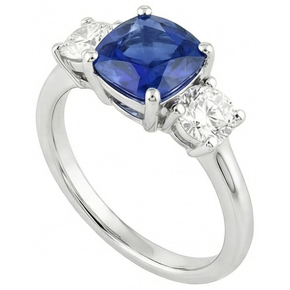 White Gold 3 Stone Ring Cushion Ceylon Sapphire 2.50 Carats Jewellery