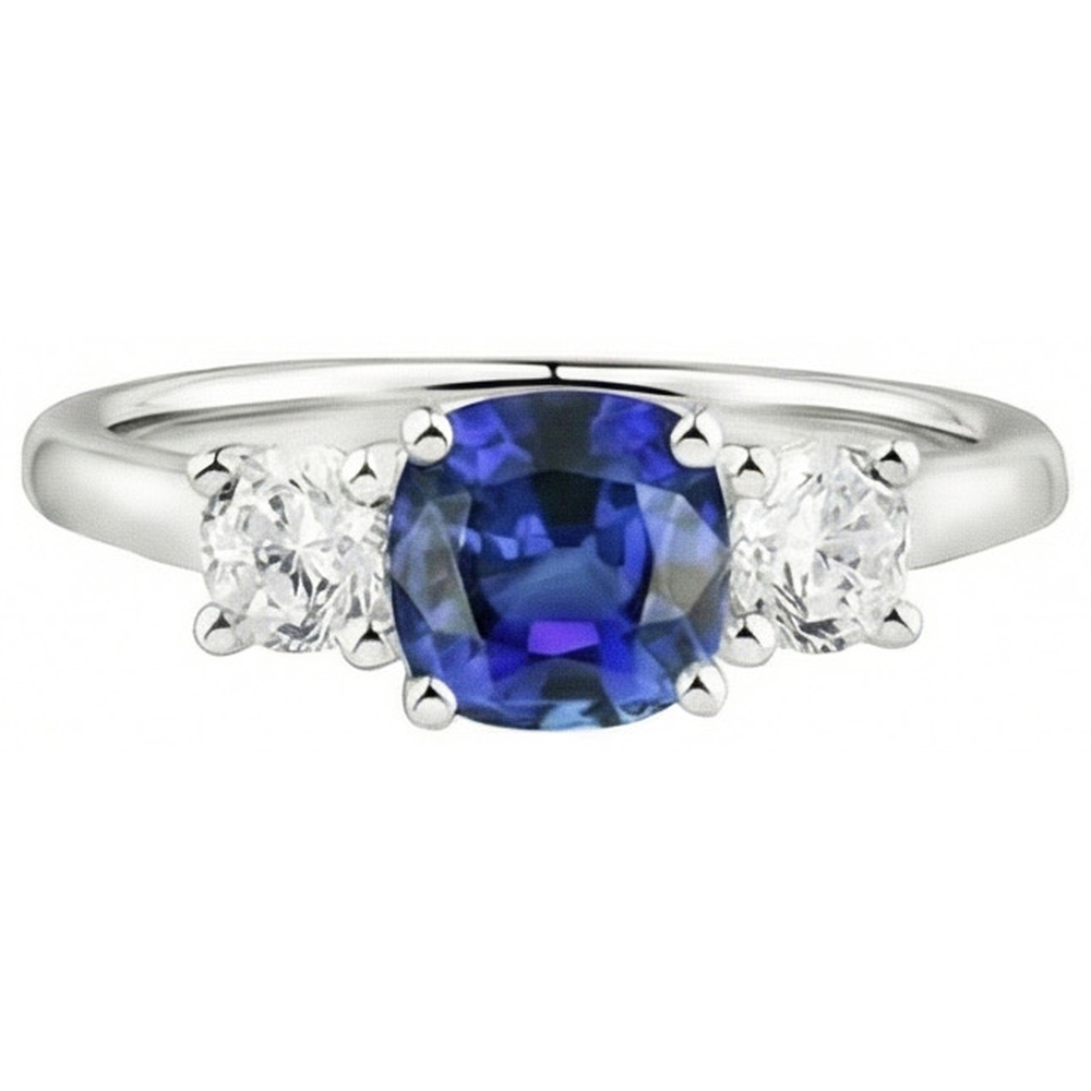 White Gold 3 Stone Ring Cushion Ceylon Sapphire 2.50 Carats Jewellery