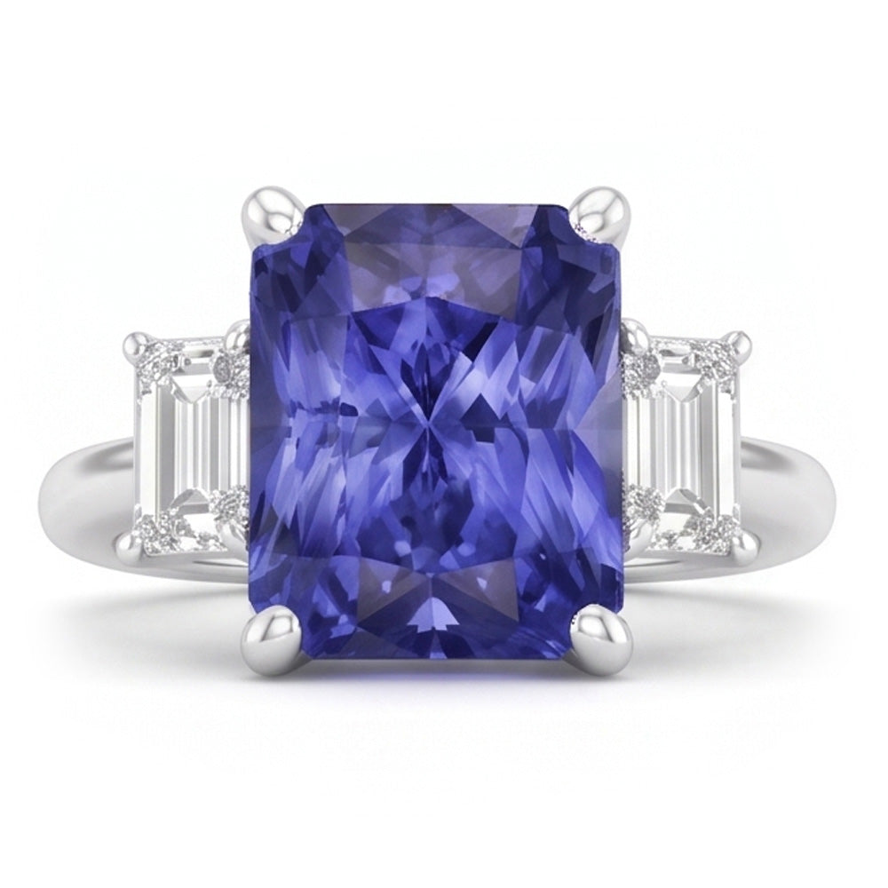White Gold 3 Stone Ring Emerald Natural Earth Mined Diamond Radiant Blue Sapphire 5 Carats