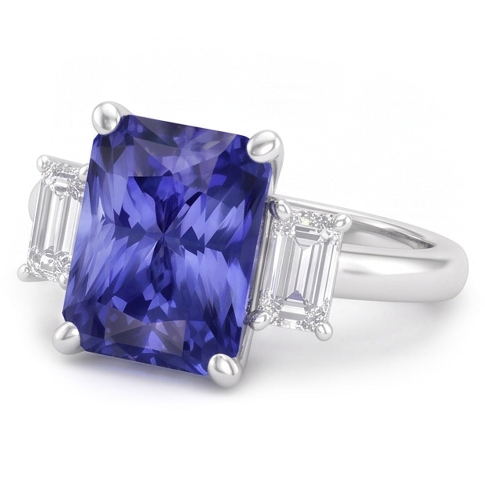 White Gold 3 Stone Ring Emerald Natural Earth Mined Diamond Radiant Blue Sapphire 5 Carats