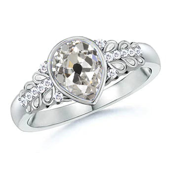 White Gold Anniversary Ring Old Cut Pear Real Diamond 1.50 Carats Leaf Style