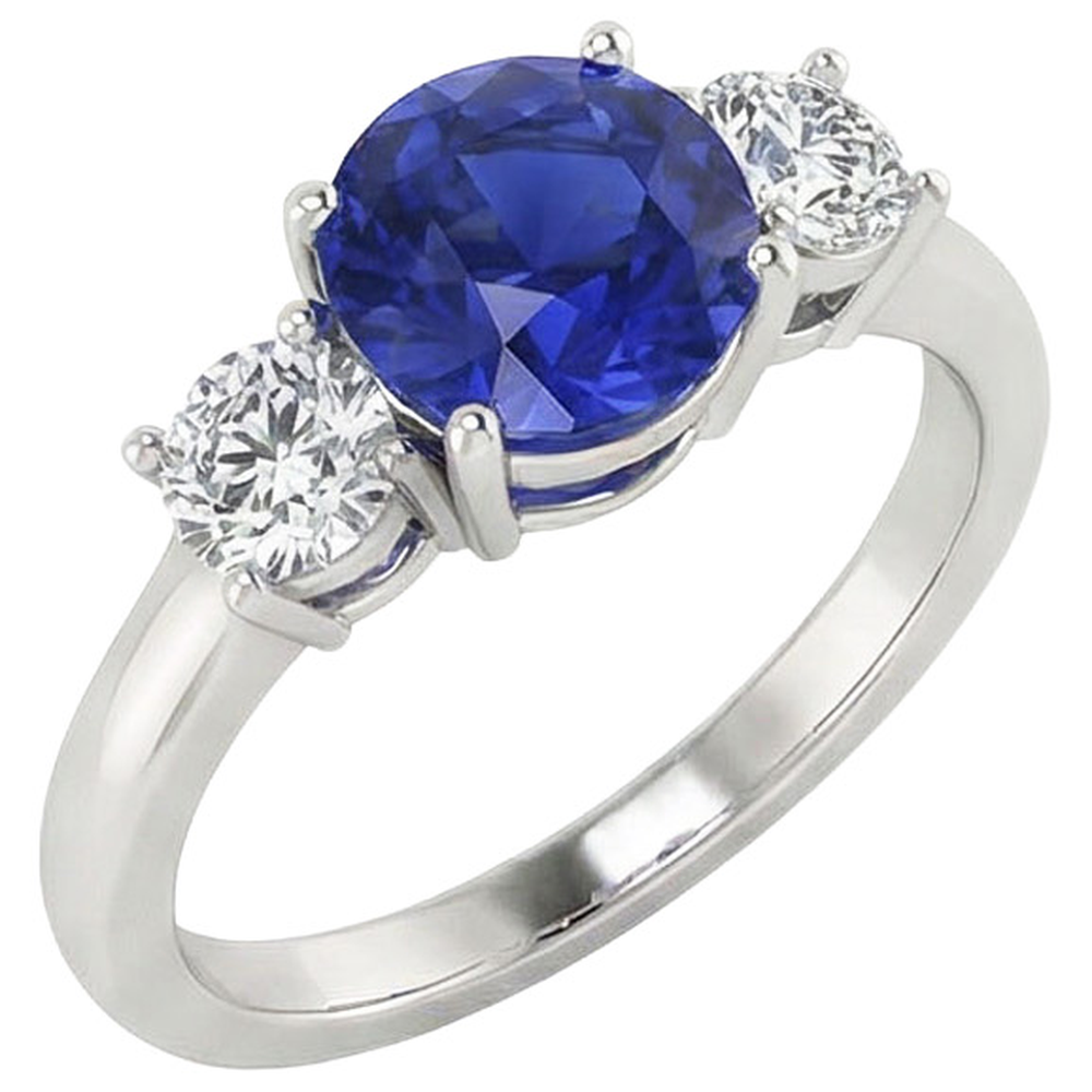 White Gold Blue Sapphire & Round Natural Earth Mined Diamond 3 Stone Ring 5 Carats 14K