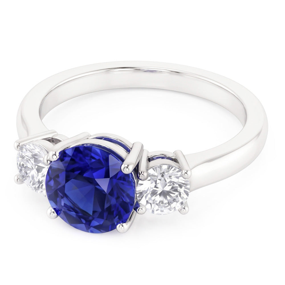 White Gold Blue Sapphire & Round Natural Earth Mined Diamond 3 Stone Ring 5 Carats 14K