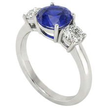 White Gold Blue Sapphire & Round Natural Earth Mined Diamond 3 Stone Ring 5 Carats 14K