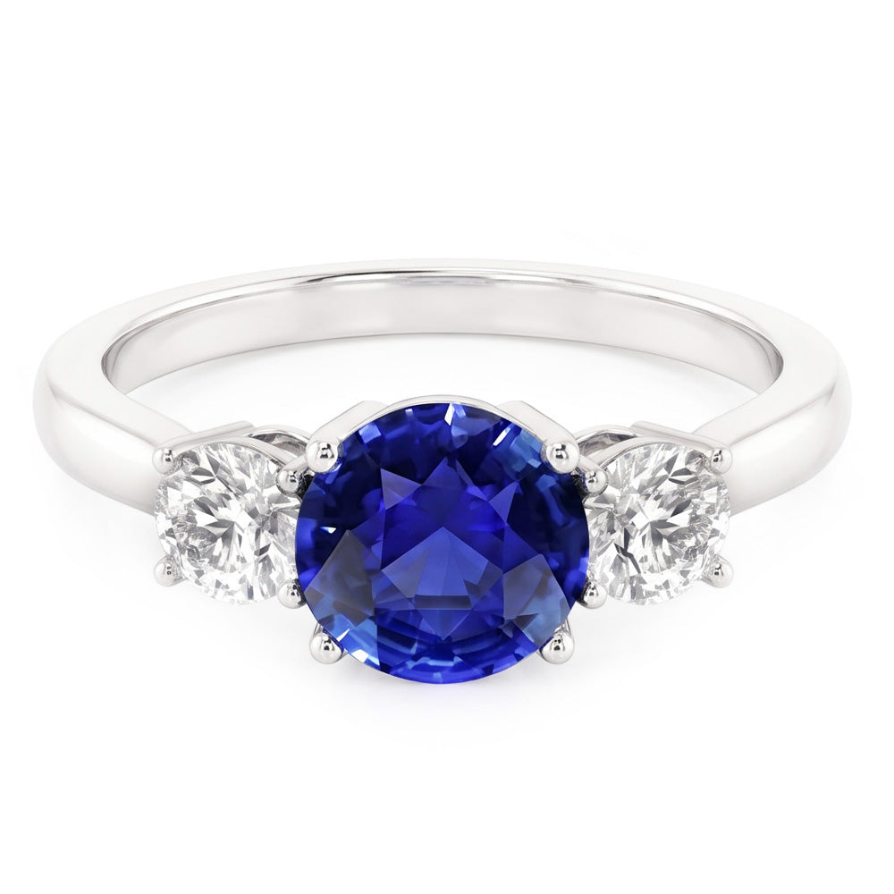White Gold Blue Sapphire & Round Natural Earth Mined Diamond 3 Stone Ring 5 Carats 14K