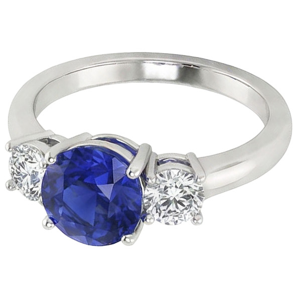 White Gold Blue Sapphire & Round Natural Earth Mined Diamond 3 Stone Ring 5 Carats 14K