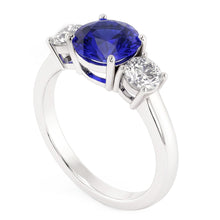 White Gold Blue Sapphire & Round Natural Earth Mined Diamond 3 Stone Ring 5 Carats 14K