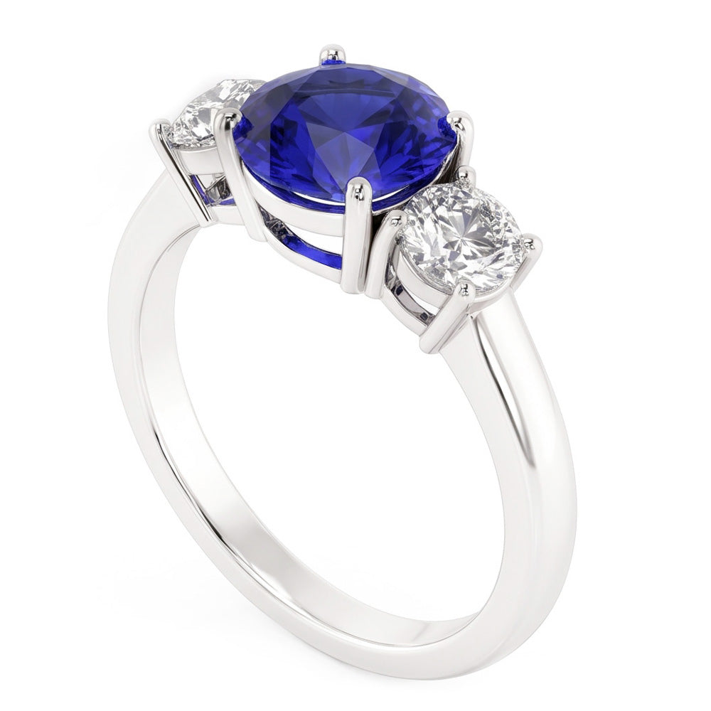 White Gold Blue Sapphire & Round Natural Earth Mined Diamond 3 Stone Ring 5 Carats 14K