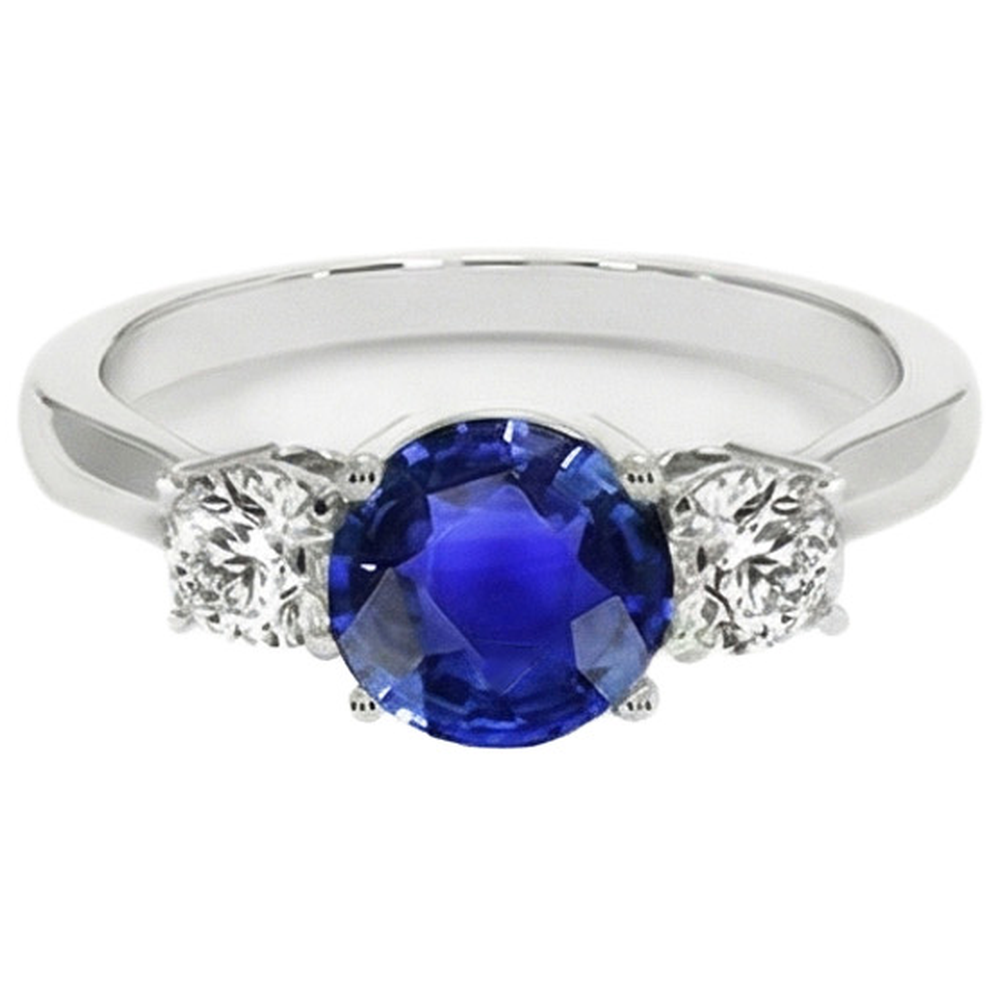 White Gold Blue Sapphire & Round Natural Earth Mined Diamond 3 Stone Ring 5 Carats 14K