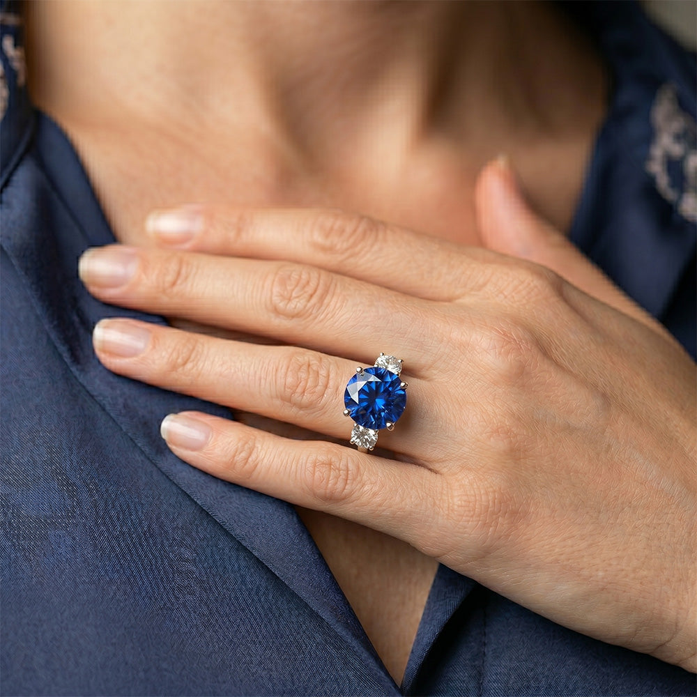 White Gold Blue Sapphire & Round Natural Earth Mined Diamond 3 Stone Ring 5 Carats 14K