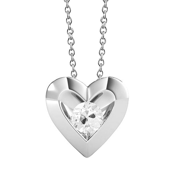White Gold Diamond Heart Real Pendant With Chain Round Old Cut 1 Carat