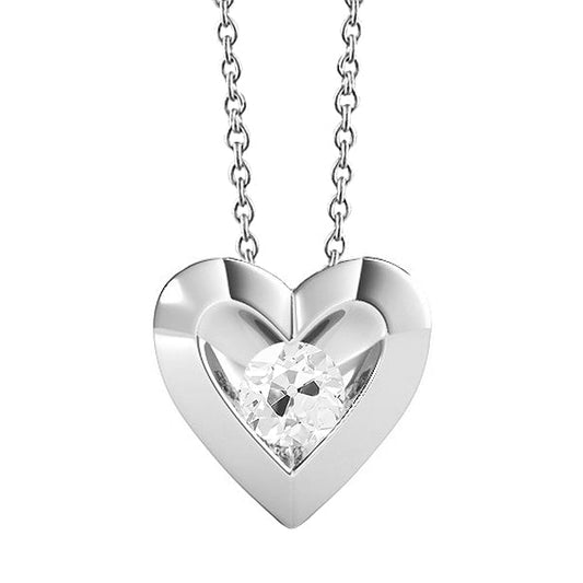 White Gold Diamond Heart Real Pendant With Chain Round Old Cut 1 Carat