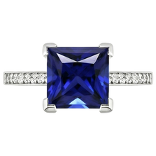 White Gold Engagement Ring Princess Blue Sapphire & Natural Earth Mined Diamond 4 Carats