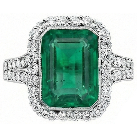 White Gold Green Emerald & Natural Earth Mined Diamond Jewellery 5.80 Carats Gemstone Ring