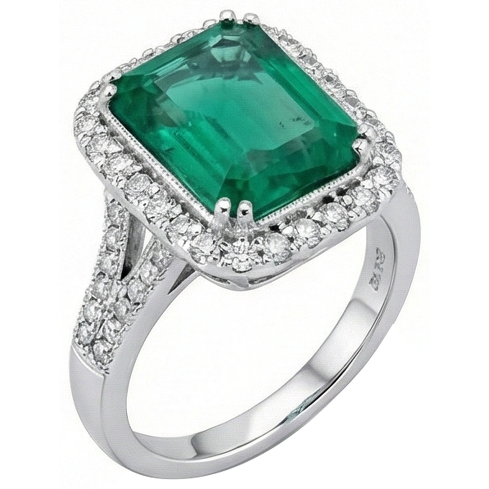 White Gold Green Emerald & Natural Earth Mined Diamond Jewellery 5.80 Carats Gemstone Ring