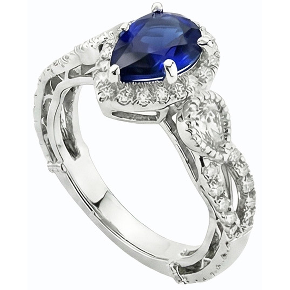 White Gold Halo Blue Sapphire Ring & Natural Earth Mined Diamonds 4 Carats