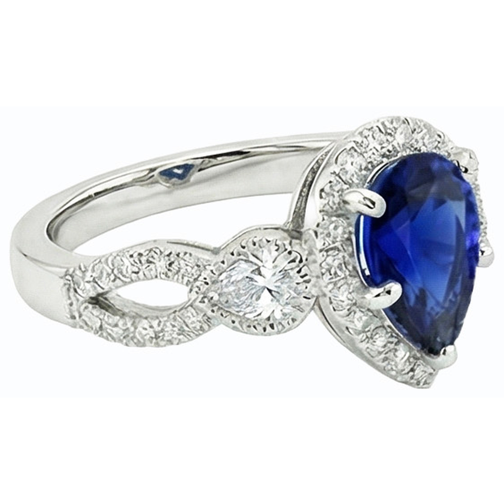 White Gold Halo Blue Sapphire Ring & Natural Earth Mined Diamonds 4 Carats