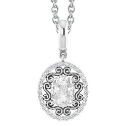 White Gold Halo Genuine Diamond Pendant Oval Old Mine Cut 3 Carats With Chain