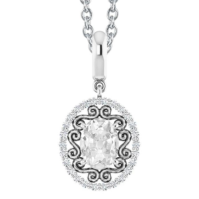 White Gold Halo Genuine Diamond Pendant Oval Old Mine Cut 3 Carats With Chain